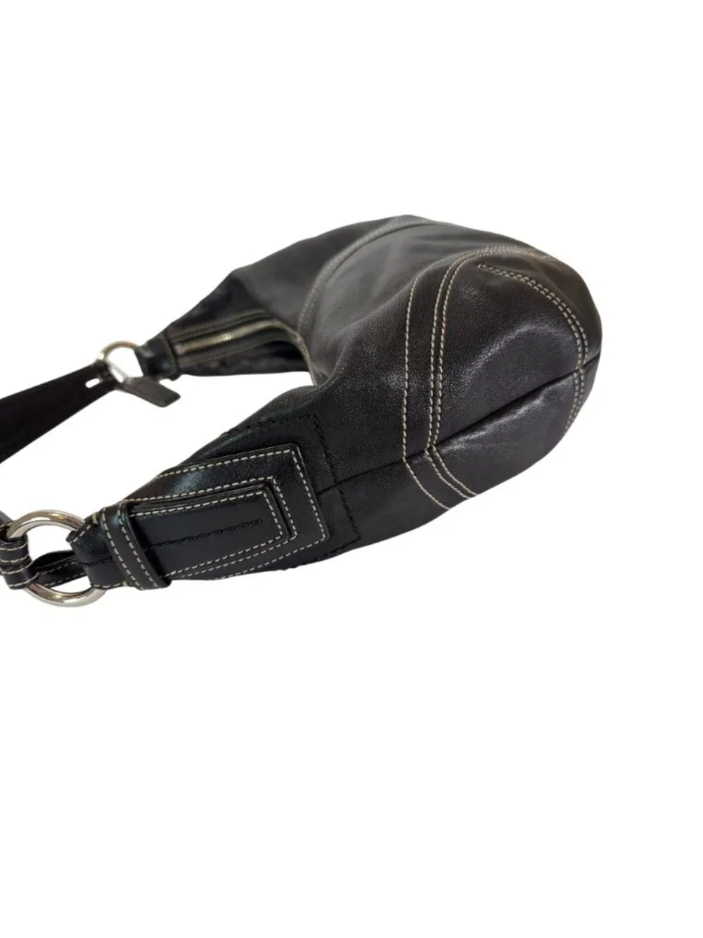 Coach Vintage Y2K Black Leather Soho Hobo Crescent Bag With White Contrast Stitc